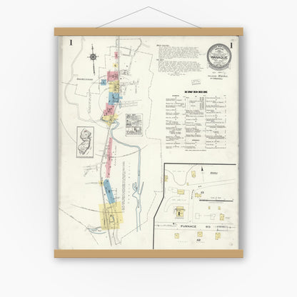 Old map wall art mockup — magnetic wood frame on white wall — Sanborn Fire Insurance Map from Wanaque, Passaic County, New Jersey (1923), Sheet #0001