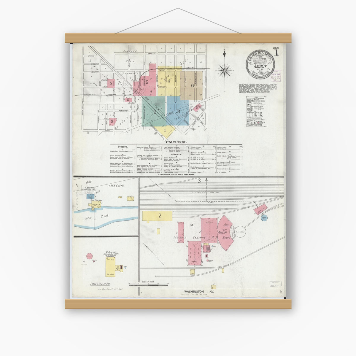Old map wall art mockup — magnetic wood frame on white wall — Sanborn Fire Insurance Map from Amboy, Lee County, Illinois (1902) - Complete Map Set