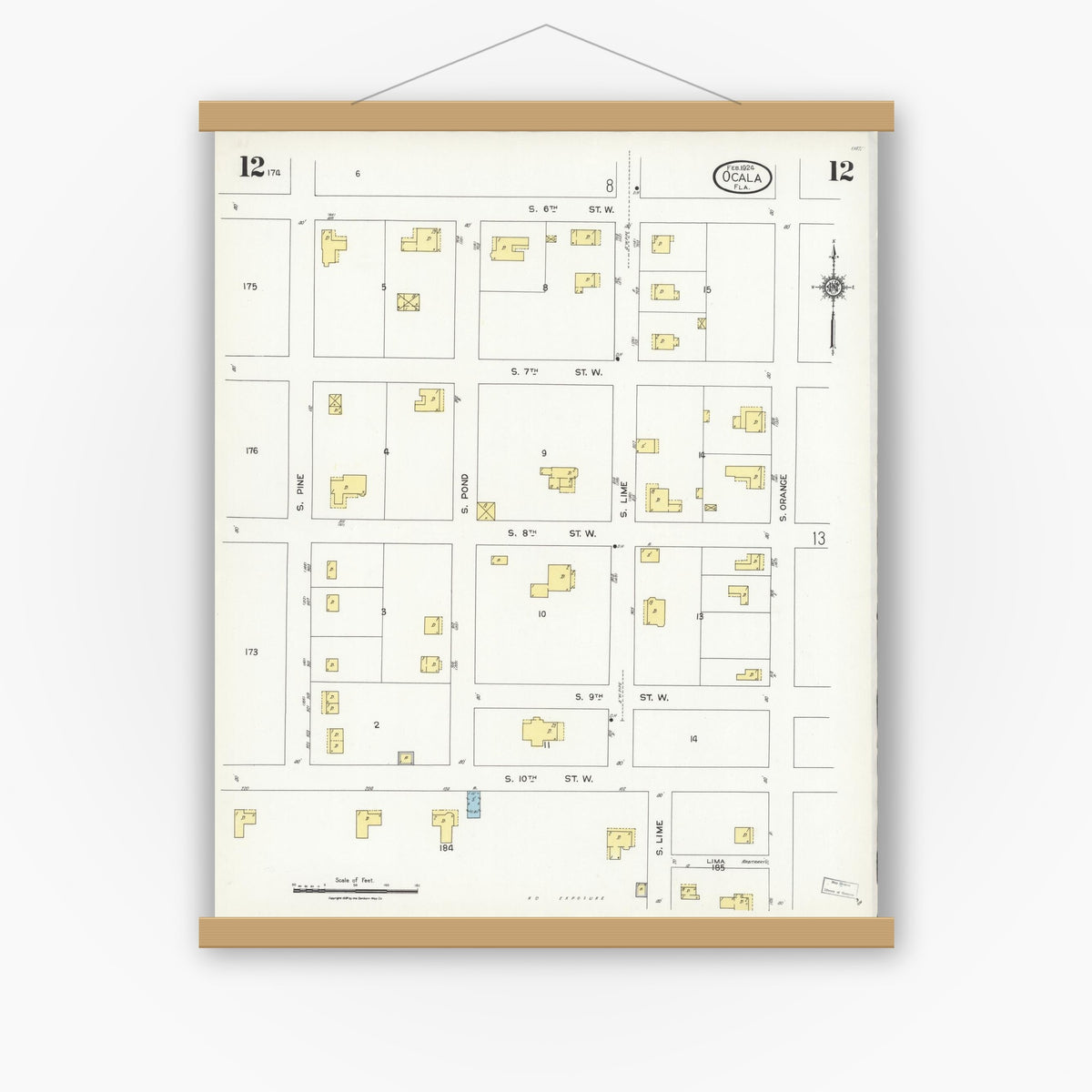 Old map wall art mockup — magnetic wood frame on white wall — Sanborn Fire Insurance Map from Ocala, Marion County, Florida (1924), Sheet #0012
