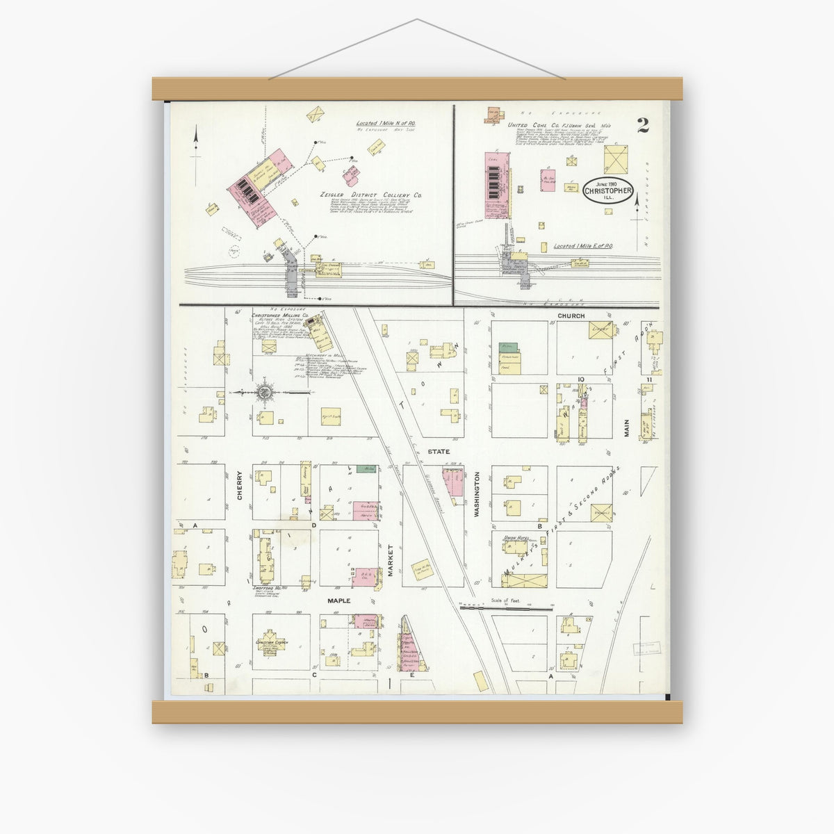Old map wall art mockup — magnetic wood frame on white wall — Sanborn Fire Insurance Map from Christopher, Franklin County, Illinois (1910), Sheet #0002