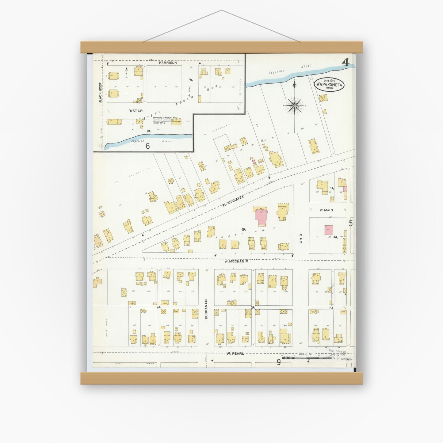 Old map wall art mockup — magnetic wood frame on white wall — Sanborn Fire Insurance Map from Wapakoneta, Auglaize County, Ohio (1904), Sheet #0004
