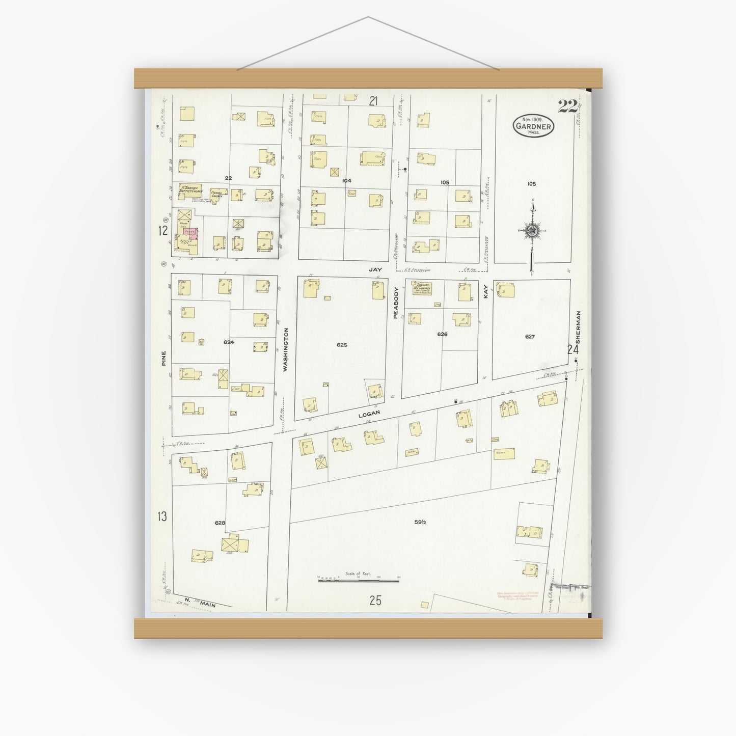 Old map wall art mockup — magnetic wood frame on white wall — Sanborn Fire Insurance Map from Gardner, Worcester County, Massachusetts (1909), Sheet #0022