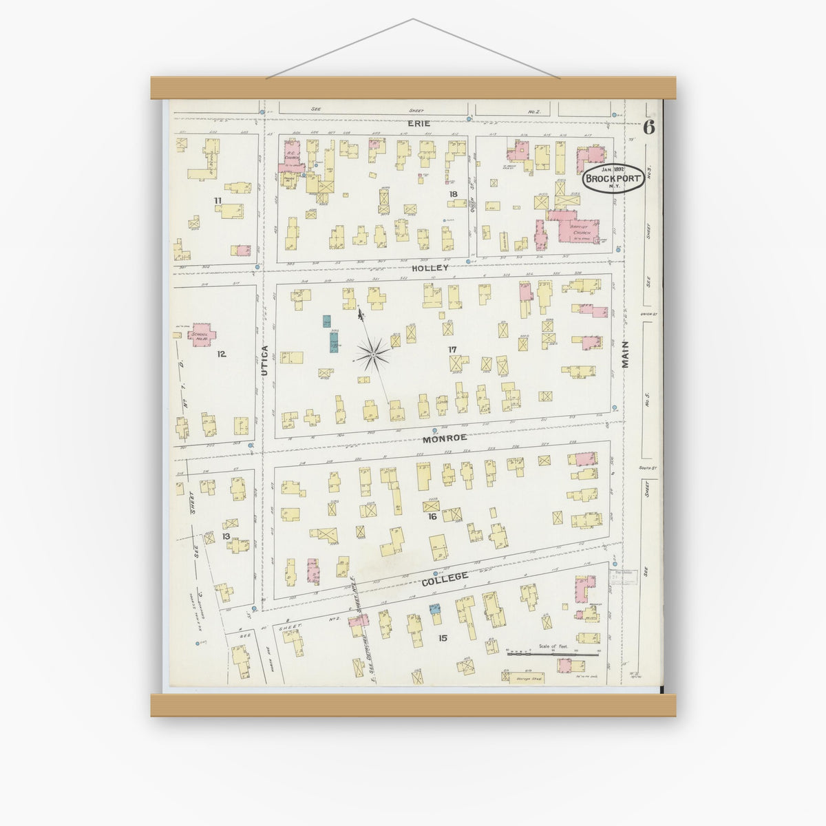 Old map wall art mockup — magnetic wood frame on white wall — Sanborn Fire Insurance Map from Brockport, Monroe County, New York (1892), Sheet #0006