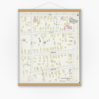 Old map wall art mockup — magnetic wood frame on white wall — Sanborn Fire Insurance Map from Brockport, Monroe County, New York (1892), Sheet #0006