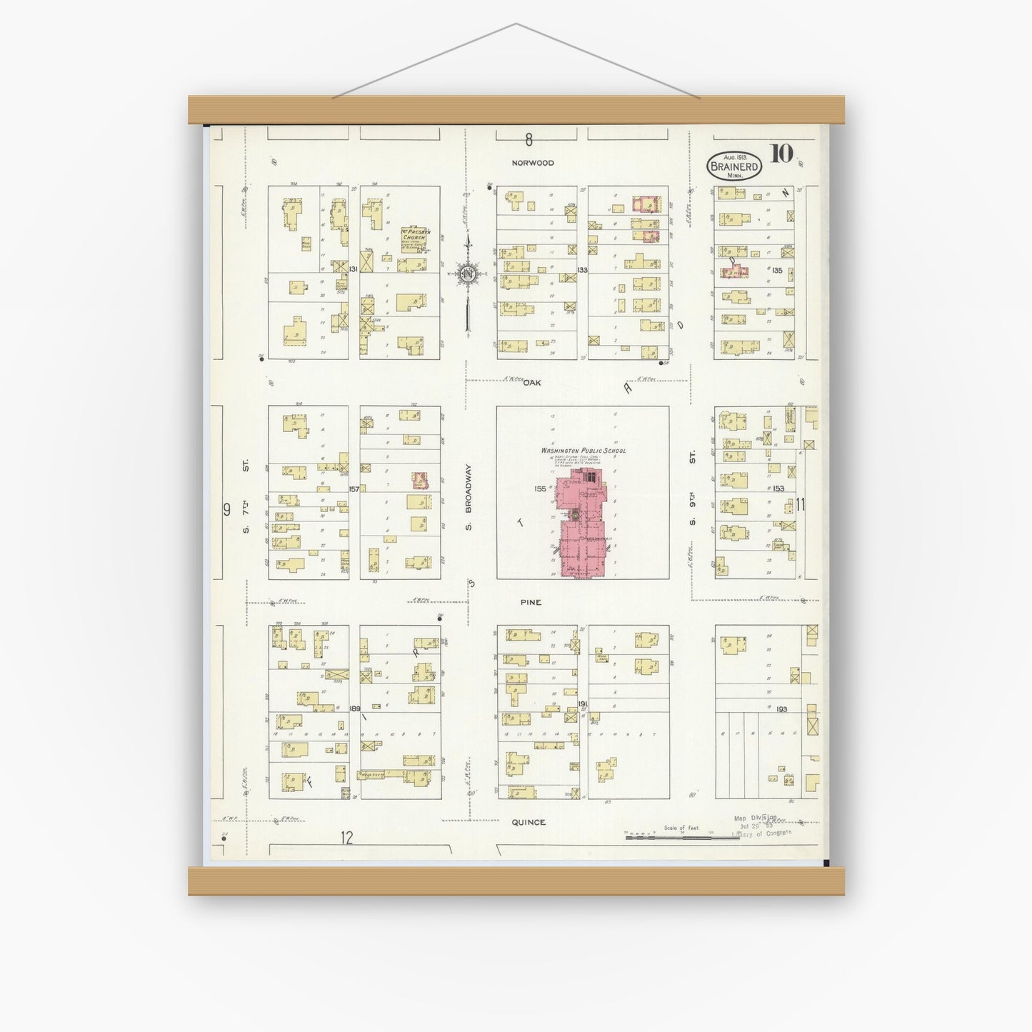 Old map wall art mockup — magnetic wood frame on white wall — Sanborn Fire Insurance Map from Brainerd, Crow Wing County, Minnesota (1913), Sheet #0010