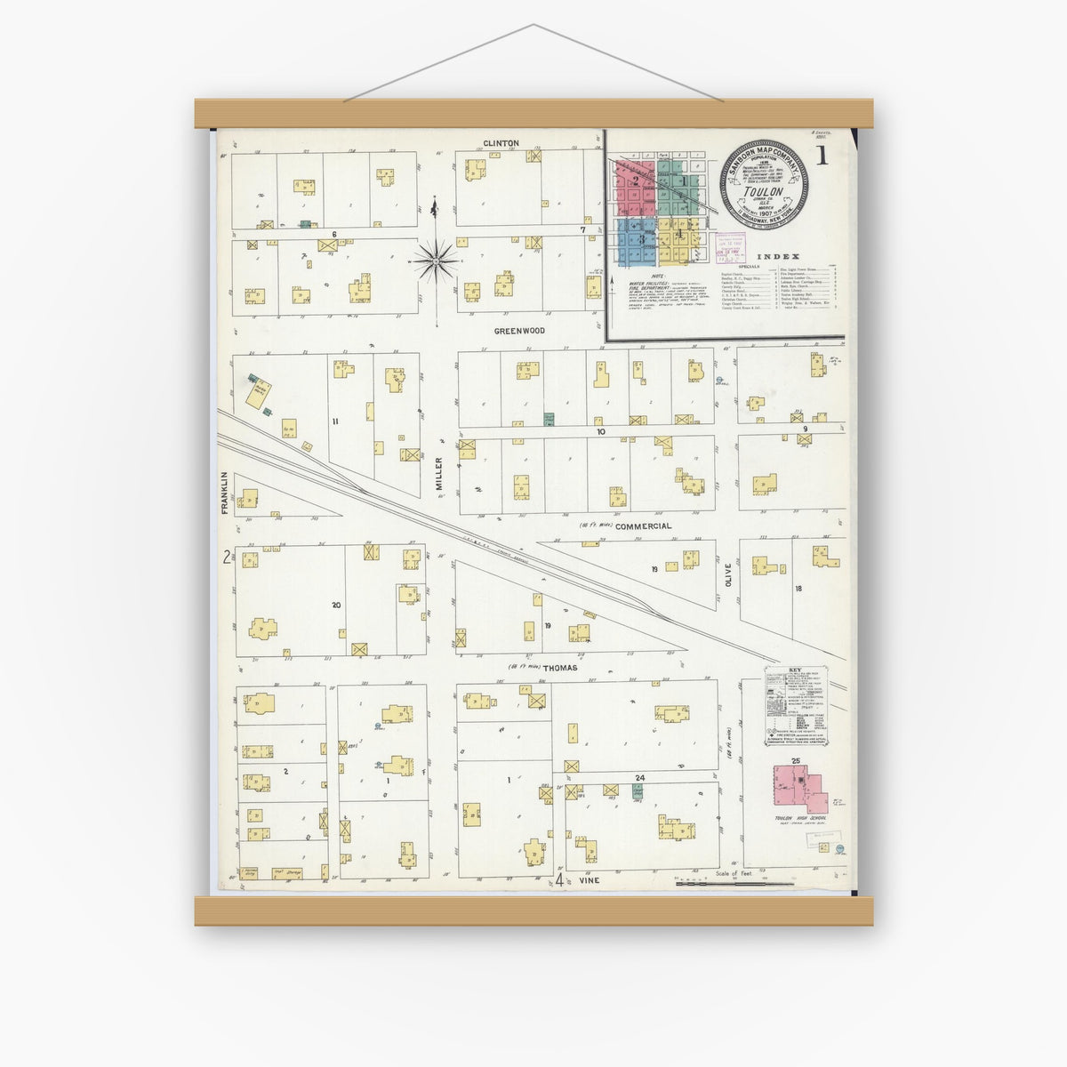 Old map wall art mockup — magnetic wood frame on white wall — Sanborn Fire Insurance Map from Toulon, Stark County, Illinois (1907) - Complete Map Set