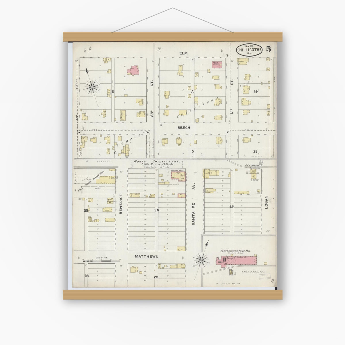 Old map wall art mockup — magnetic wood frame on white wall — Sanborn Fire Insurance Map from Chillicothe, Peoria County, Illinois (1893), Sheet #0005