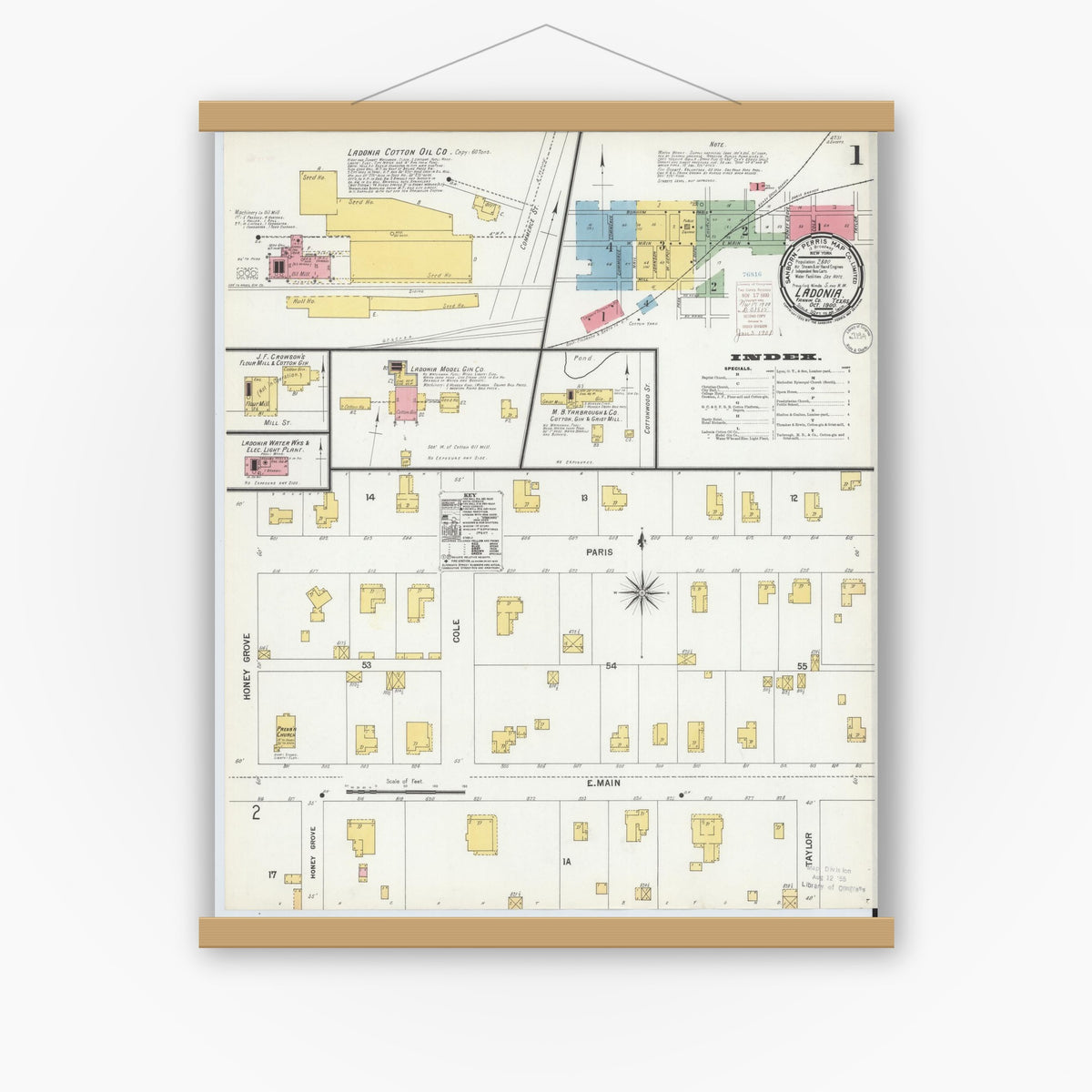 Old map wall art mockup — magnetic wood frame on white wall — Sanborn Fire Insurance Map from Ladonia, Fannin County, Texas (1900), Sheet #0001