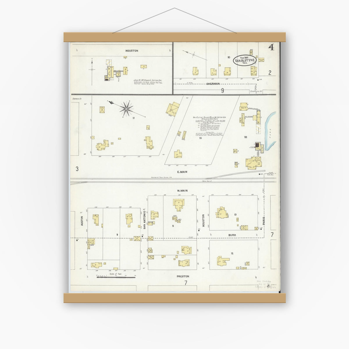 Old map wall art mockup — magnetic wood frame on white wall — Sanborn Fire Insurance Map from Van Alstyne, Grayson County, Texas (1907), Sheet #0004