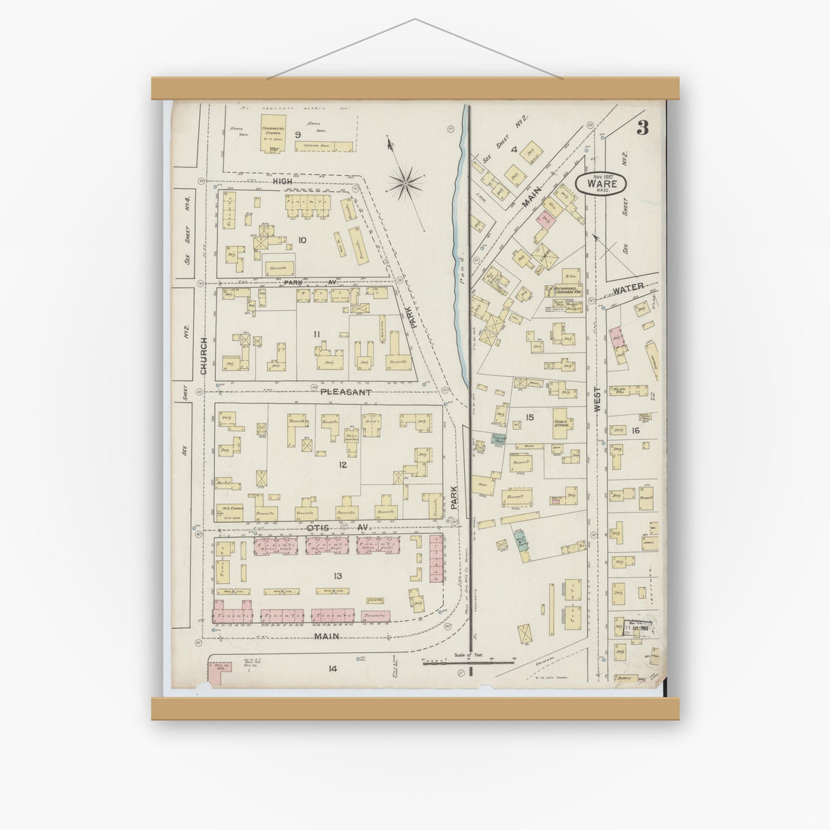 Old map wall art mockup — magnetic wood frame on white wall — Sanborn Fire Insurance Map from Ware, Hampshire County, Massachusetts (1887), Sheet #0003