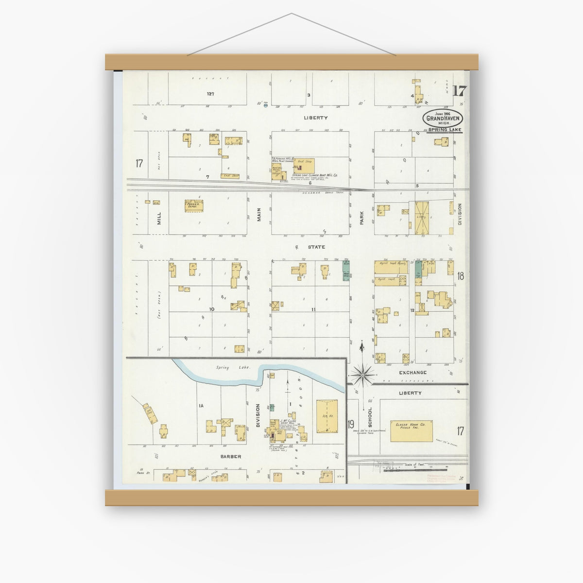 Old map wall art mockup — magnetic wood frame on white wall — Sanborn Fire Insurance Map from Grand Haven, Ottawa County, Michigan (1906), Sheet #0017