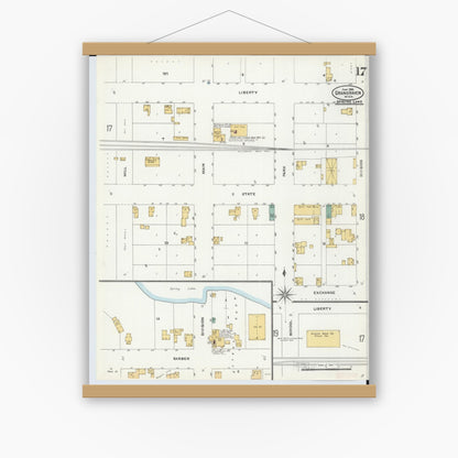 Old map wall art mockup — magnetic wood frame on white wall — Sanborn Fire Insurance Map from Grand Haven, Ottawa County, Michigan (1906), Sheet #0017