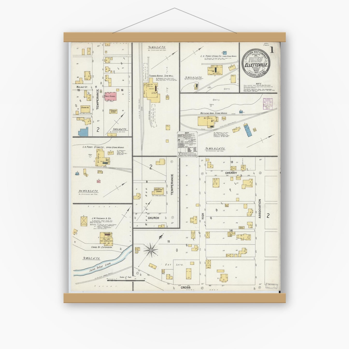 Old map wall art mockup — magnetic wood frame on white wall — Sanborn Fire Insurance Map from Ellettsville, Monroe County, Indiana (1902) - Complete Map Set
