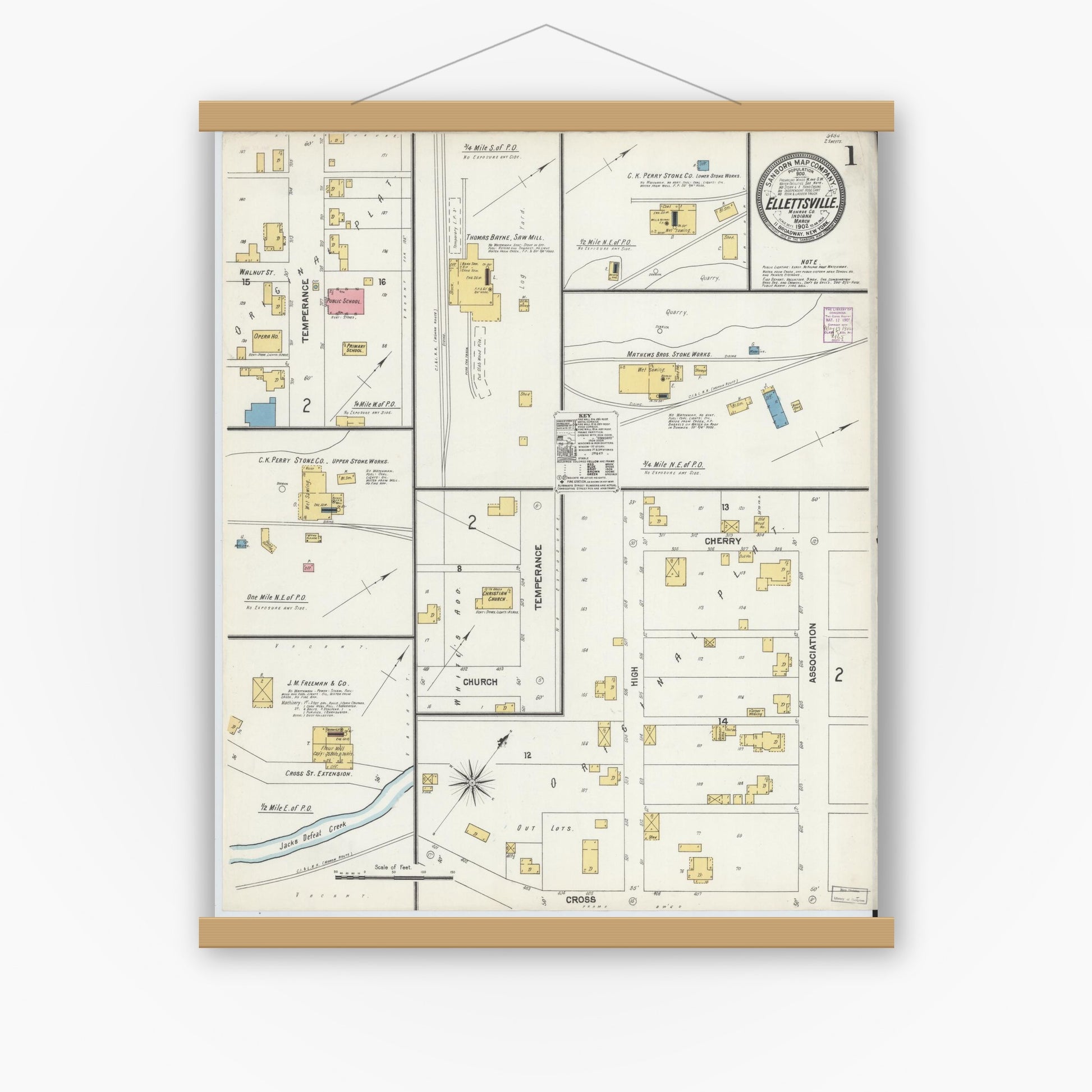 Old map wall art mockup — magnetic wood frame on white wall — Sanborn Fire Insurance Map from Ellettsville, Monroe County, Indiana (1902) - Complete Map Set