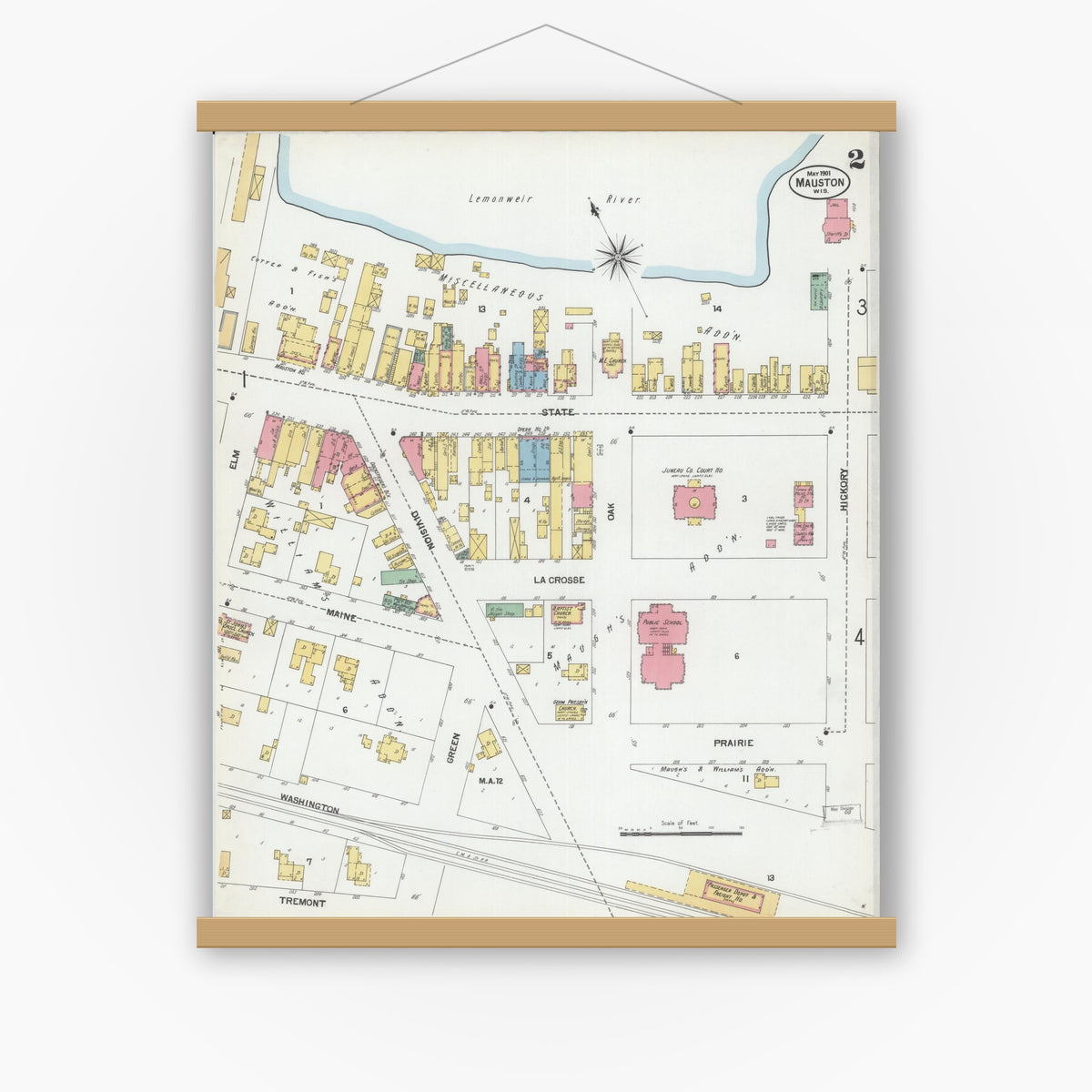 Old map wall art mockup — magnetic wood frame on white wall — Sanborn Fire Insurance Map from Mauston, Juneau County, Wisconsin (1901), Sheet #0002