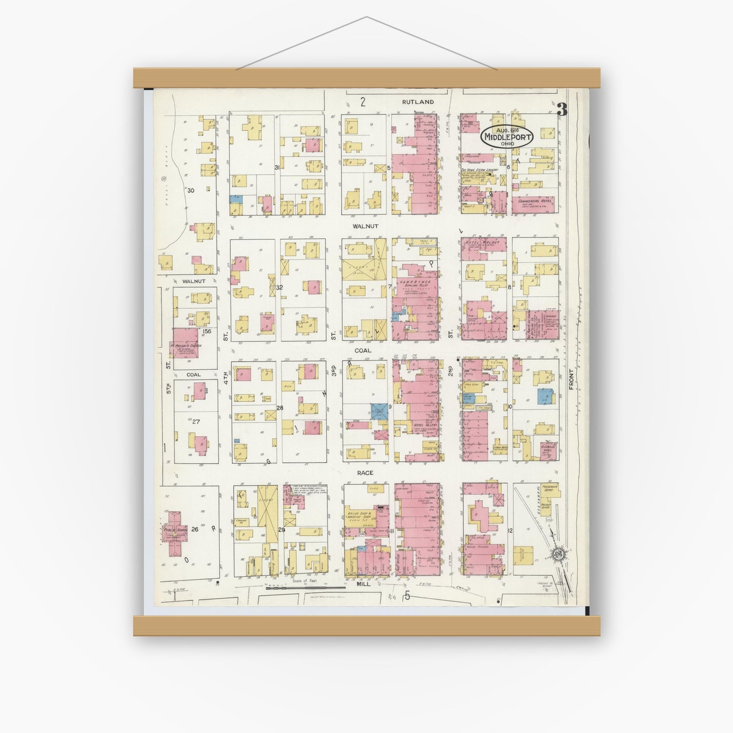 Old map wall art mockup — magnetic wood frame on white wall — Sanborn Fire Insurance Map from Middleport, Meigs County, Ohio (1916), Sheet #0003