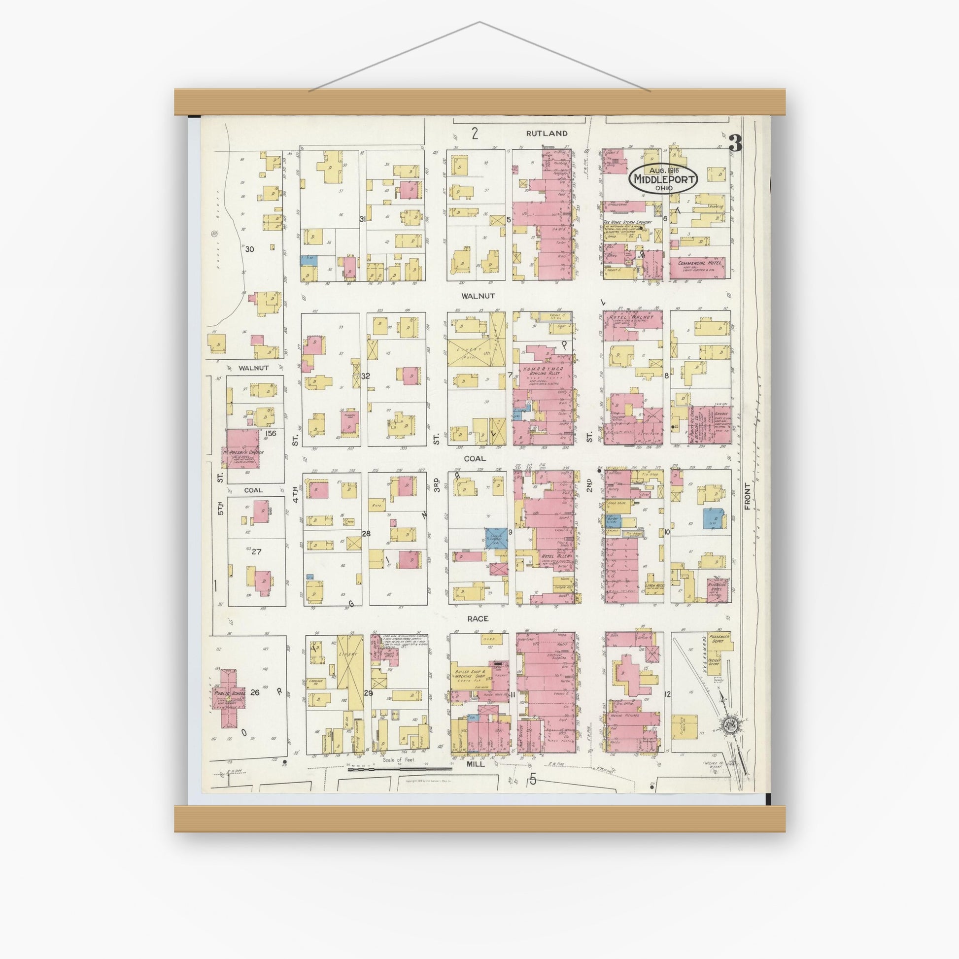 Old map wall art mockup — magnetic wood frame on white wall — Sanborn Fire Insurance Map from Middleport, Meigs County, Ohio (1916), Sheet #0003