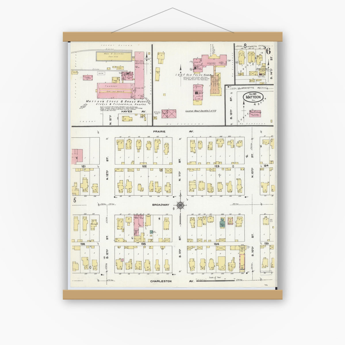 Old map wall art mockup — magnetic wood frame on white wall — Sanborn Fire Insurance Map from Mattoon, Coles County, Illinois (1909), Sheet #0006