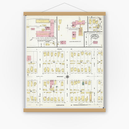 Old map wall art mockup — magnetic wood frame on white wall — Sanborn Fire Insurance Map from Mattoon, Coles County, Illinois (1909), Sheet #0006