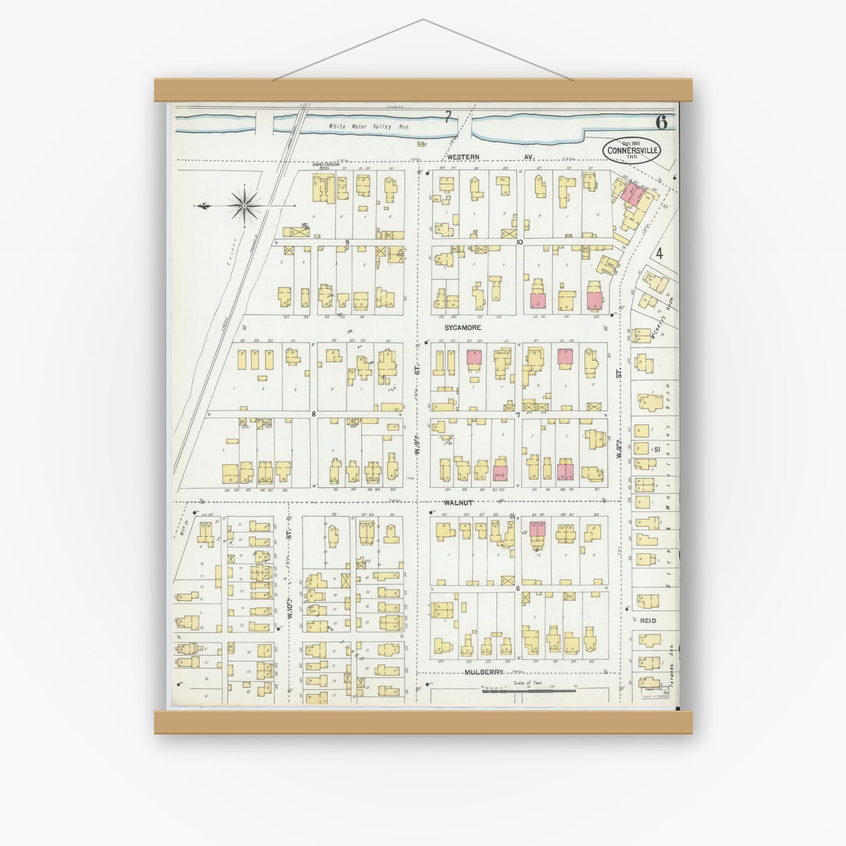 Old map wall art mockup — magnetic wood frame on white wall — Sanborn Fire Insurance Map from Connersville, Fayette County, Indiana (1901), Sheet #0006