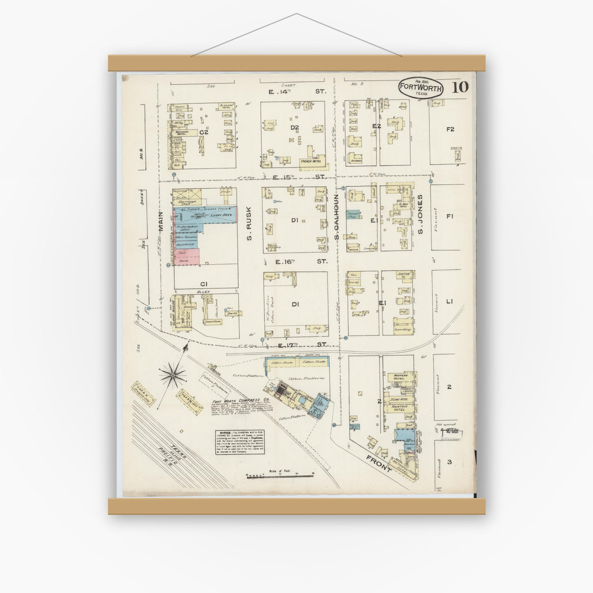 Old map wall art mockup — magnetic wood frame on white wall — Sanborn Fire Insurance Map from Fort Worth, Tarrant County, Texas (1885), Sheet #0010