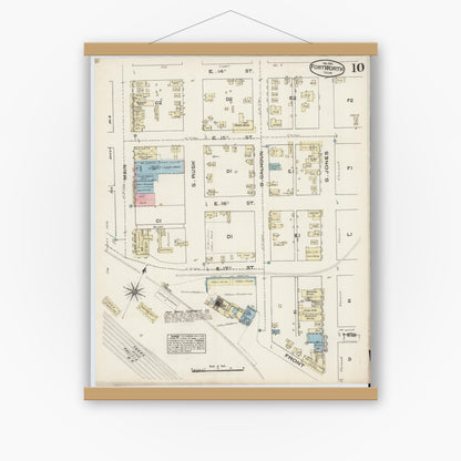 Old map wall art mockup — magnetic wood frame on white wall — Sanborn Fire Insurance Map from Fort Worth, Tarrant County, Texas (1885), Sheet #0010