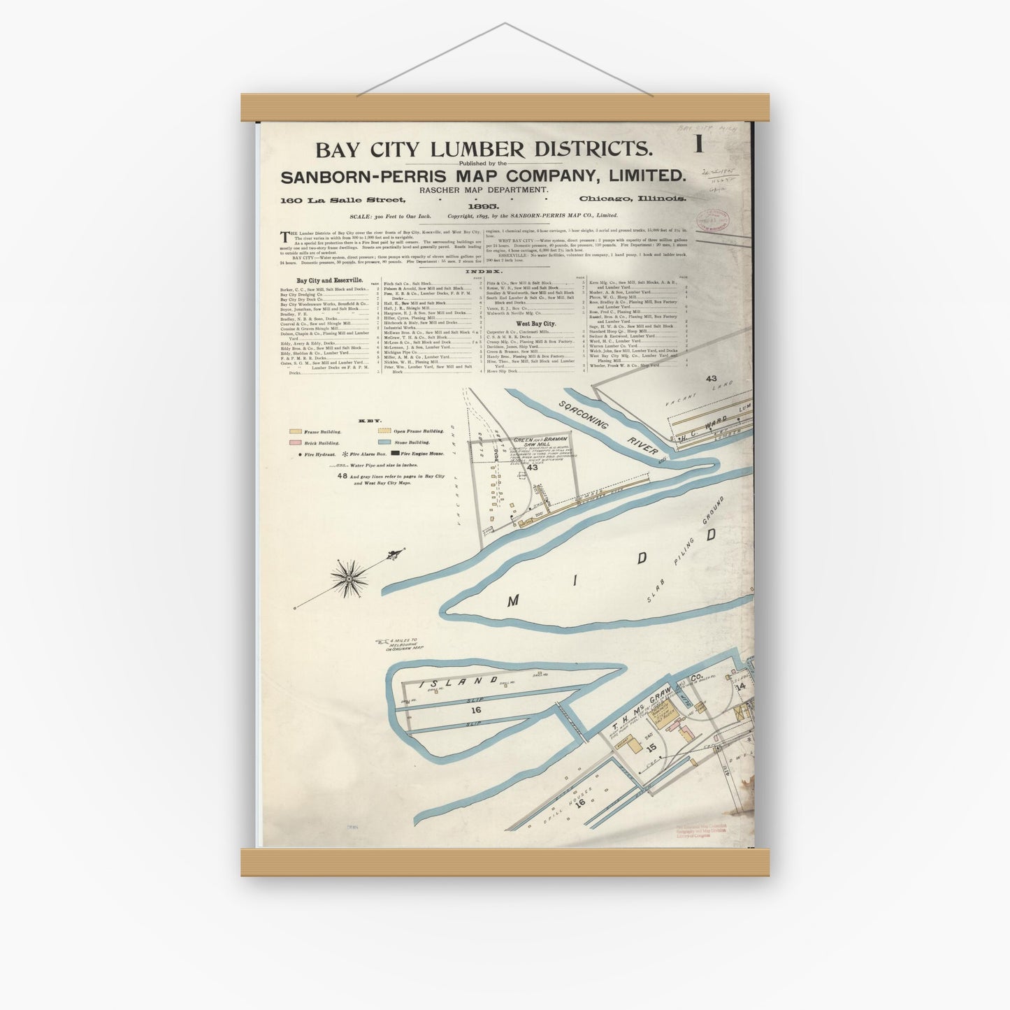 Old map wall art mockup — magnetic wood frame on white wall — Sanborn Fire Insurance Map from Bay City, Bay County, Michigan (1895), Sheet #0001