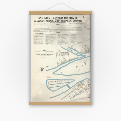 Old map wall art mockup — magnetic wood frame on white wall — Sanborn Fire Insurance Map from Bay City, Bay County, Michigan (1895), Sheet #0001