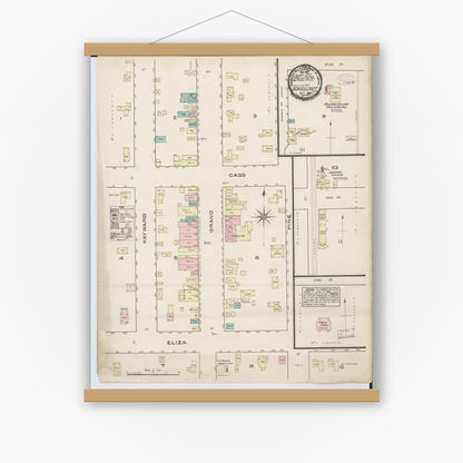 Old map wall art mockup — magnetic wood frame on white wall — Sanborn Fire Insurance Map from Schoolcraft, Kalamazoo County, Michigan (1884), Sheet #0001