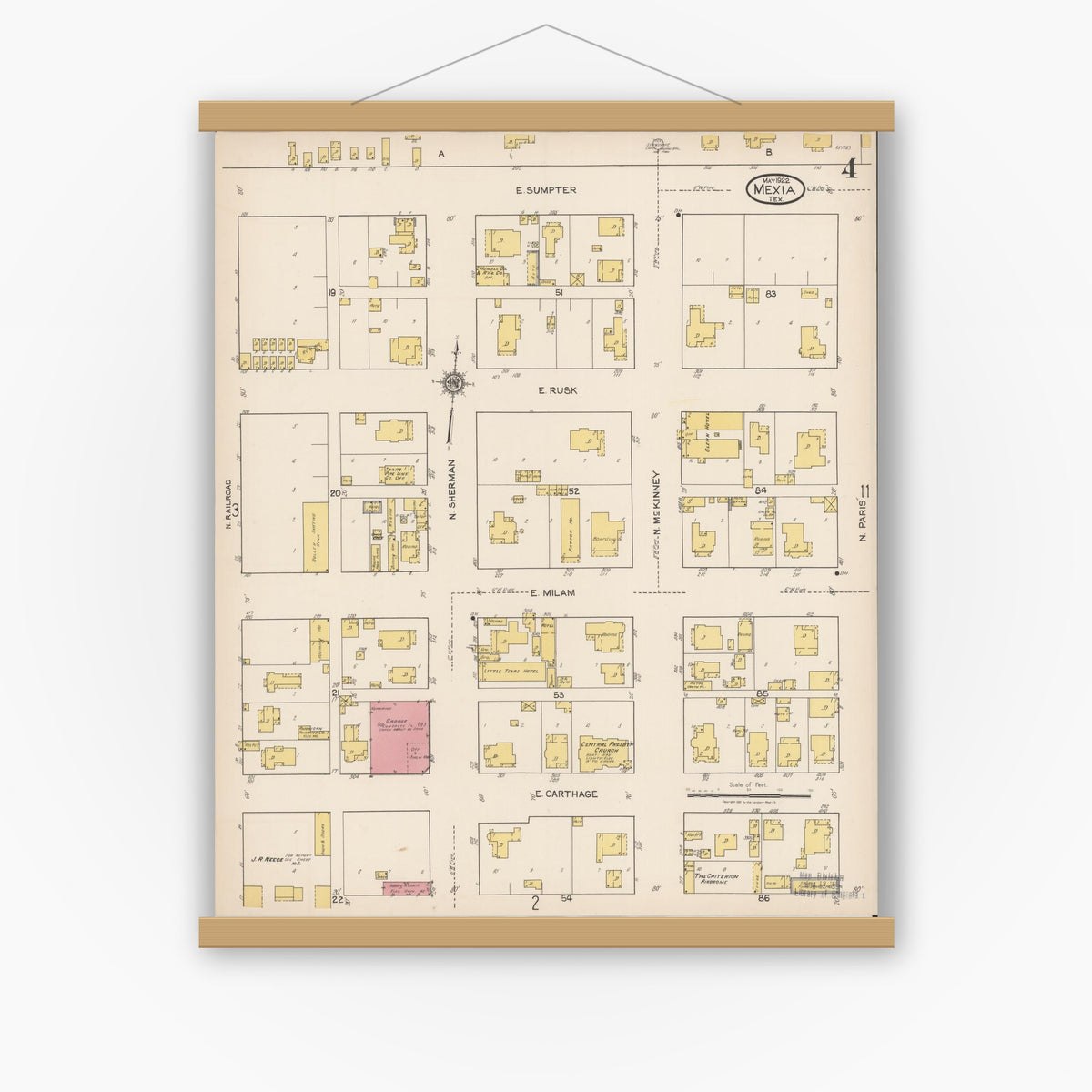 Old map wall art mockup — magnetic wood frame on white wall — Sanborn Fire Insurance Map from Mexia, Limestone County, Texas (1922), Sheet #0004