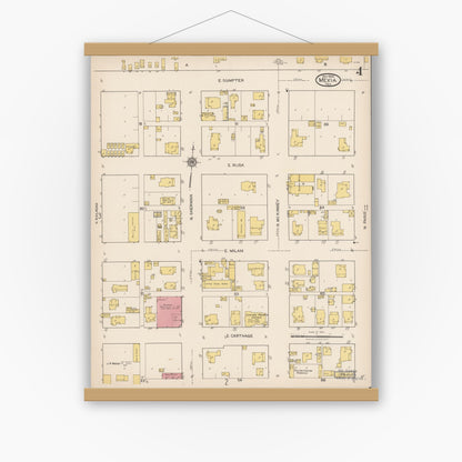 Old map wall art mockup — magnetic wood frame on white wall — Sanborn Fire Insurance Map from Mexia, Limestone County, Texas (1922), Sheet #0004
