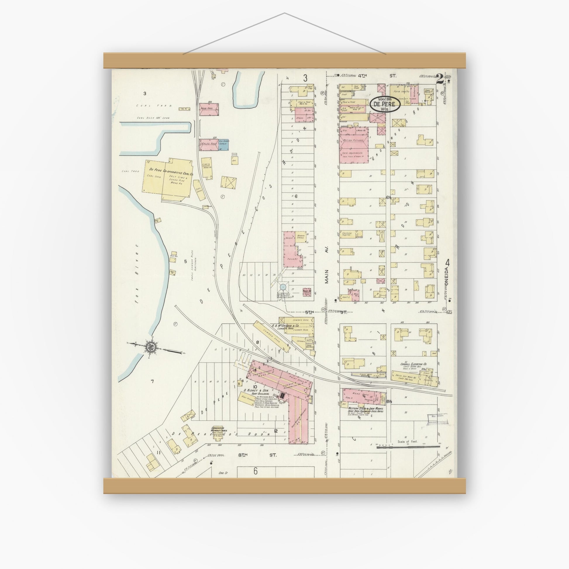 Old map wall art mockup — magnetic wood frame on white wall — Sanborn Fire Insurance Map from De Pere, Brown County, Wisconsin (1914), Sheet #0002