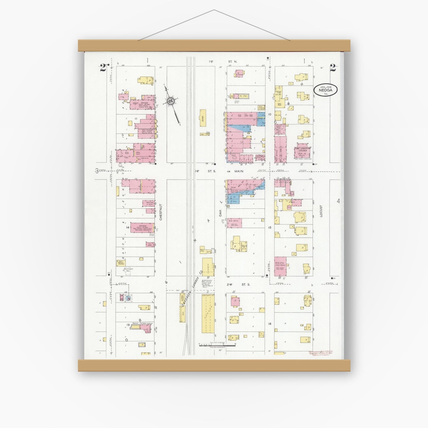 Old map wall art mockup — magnetic wood frame on white wall — Sanborn Fire Insurance Map from Neoga, Cumberland County, Illinois (1930), Sheet #0002