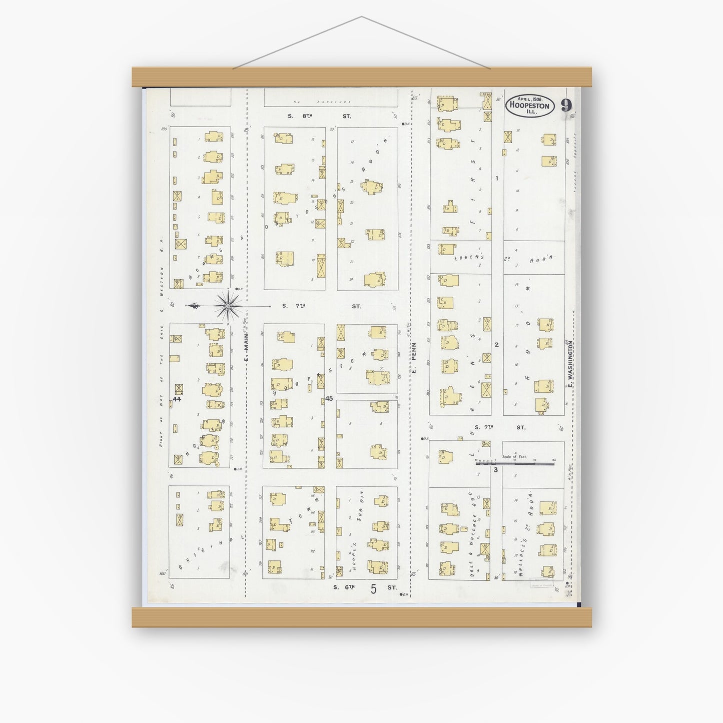 Old map wall art mockup — magnetic wood frame on white wall — Sanborn Fire Insurance Map from Hoopeston, Vermilion County, Illinois (1906), Sheet #0009