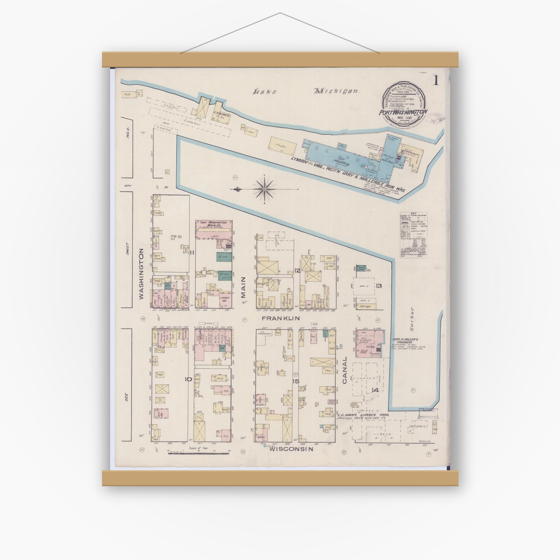 Old map wall art mockup — magnetic wood frame on white wall — Sanborn Fire Insurance Map from Port Washington, Ozaukee County, Wisconsin (1885) - Complete Map Set