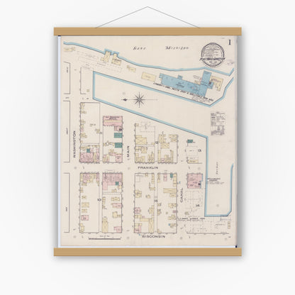 Old map wall art mockup — magnetic wood frame on white wall — Sanborn Fire Insurance Map from Port Washington, Ozaukee County, Wisconsin (1885) - Complete Map Set