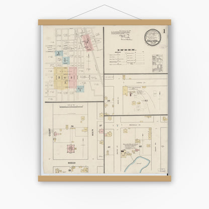 Old map wall art mockup — magnetic wood frame on white wall — Sanborn Fire Insurance Map from Sullivan, Sullivan County, Indiana (1888) - Complete Map Set