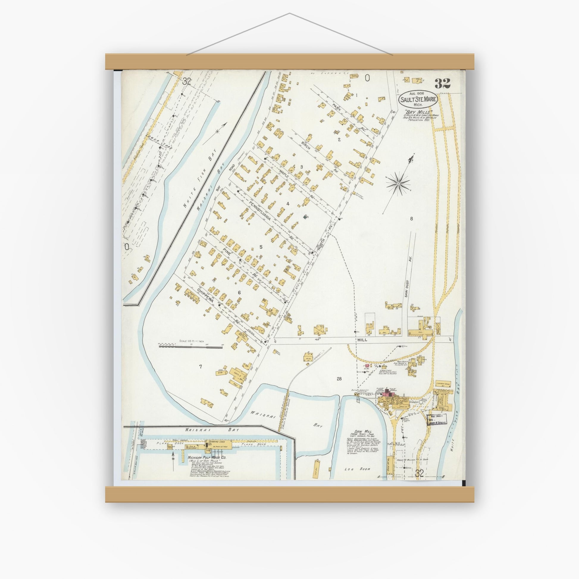 Old map wall art mockup — magnetic wood frame on white wall — Sanborn Fire Insurance Map from Sault Sainte Marie, Chippewa County, Michigan (1906), Sheet #0032