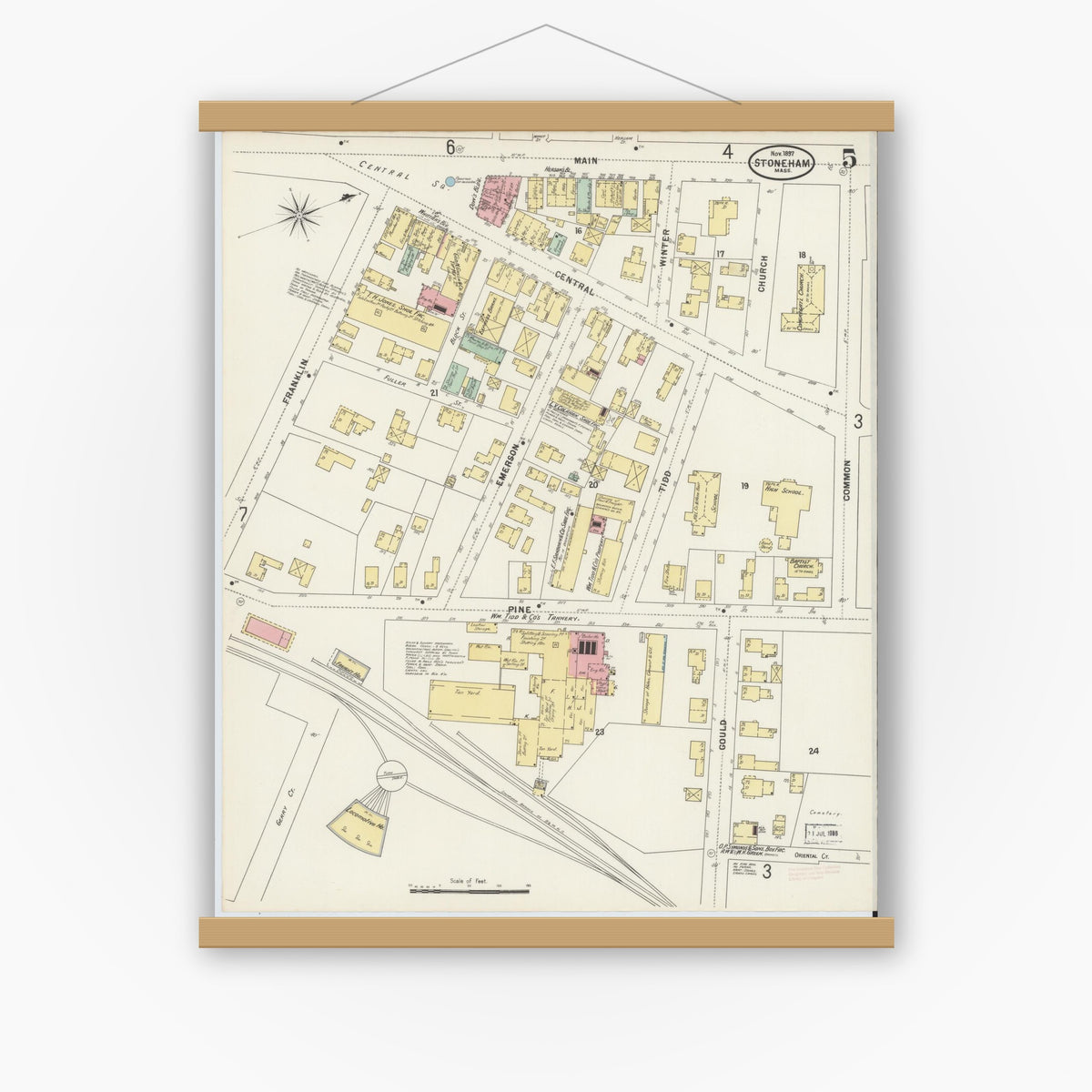 Old map wall art mockup — magnetic wood frame on white wall — Sanborn Fire Insurance Map from Stoneham, Middlesex County, Massachusetts (1897), Sheet #0005