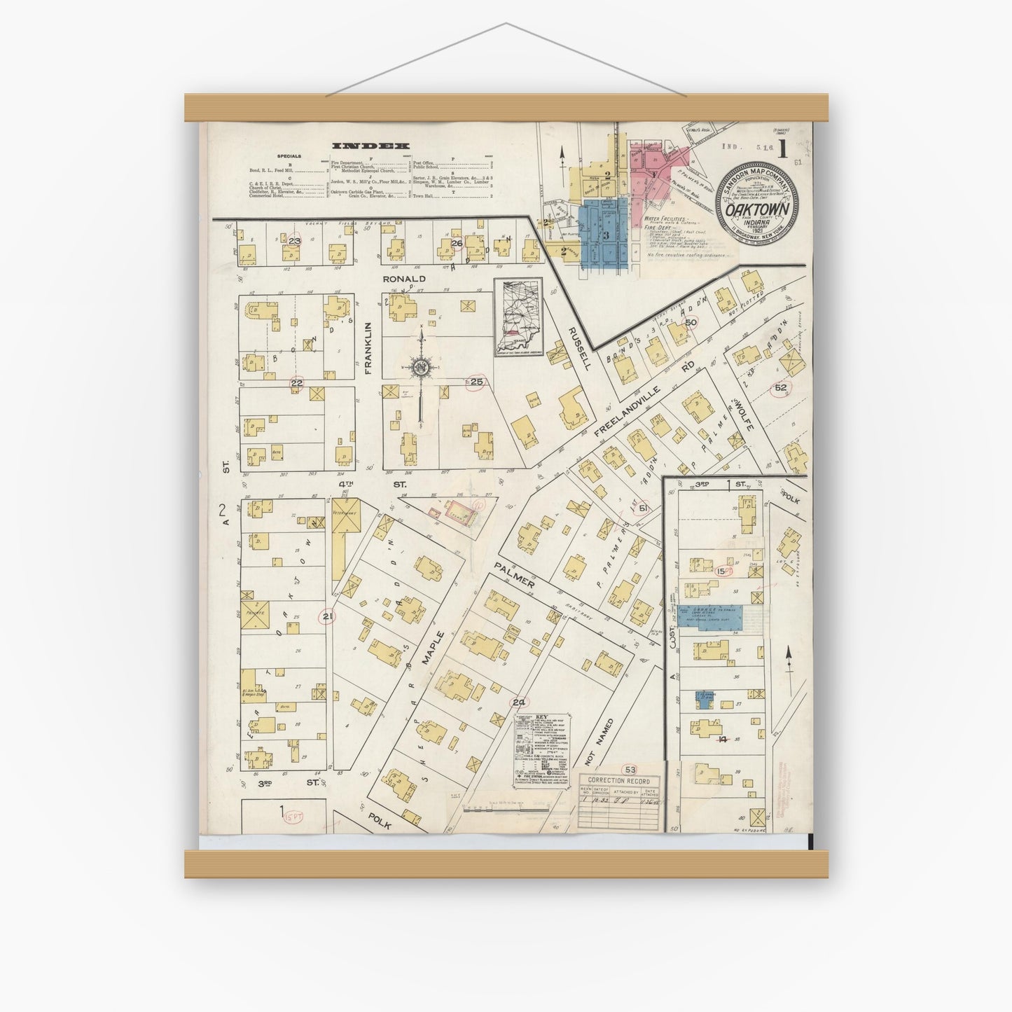 Old map wall art mockup — magnetic wood frame on white wall — Sanborn Fire Insurance Map from Oaktown, Knox County, Indiana (1932) - Complete Map Set