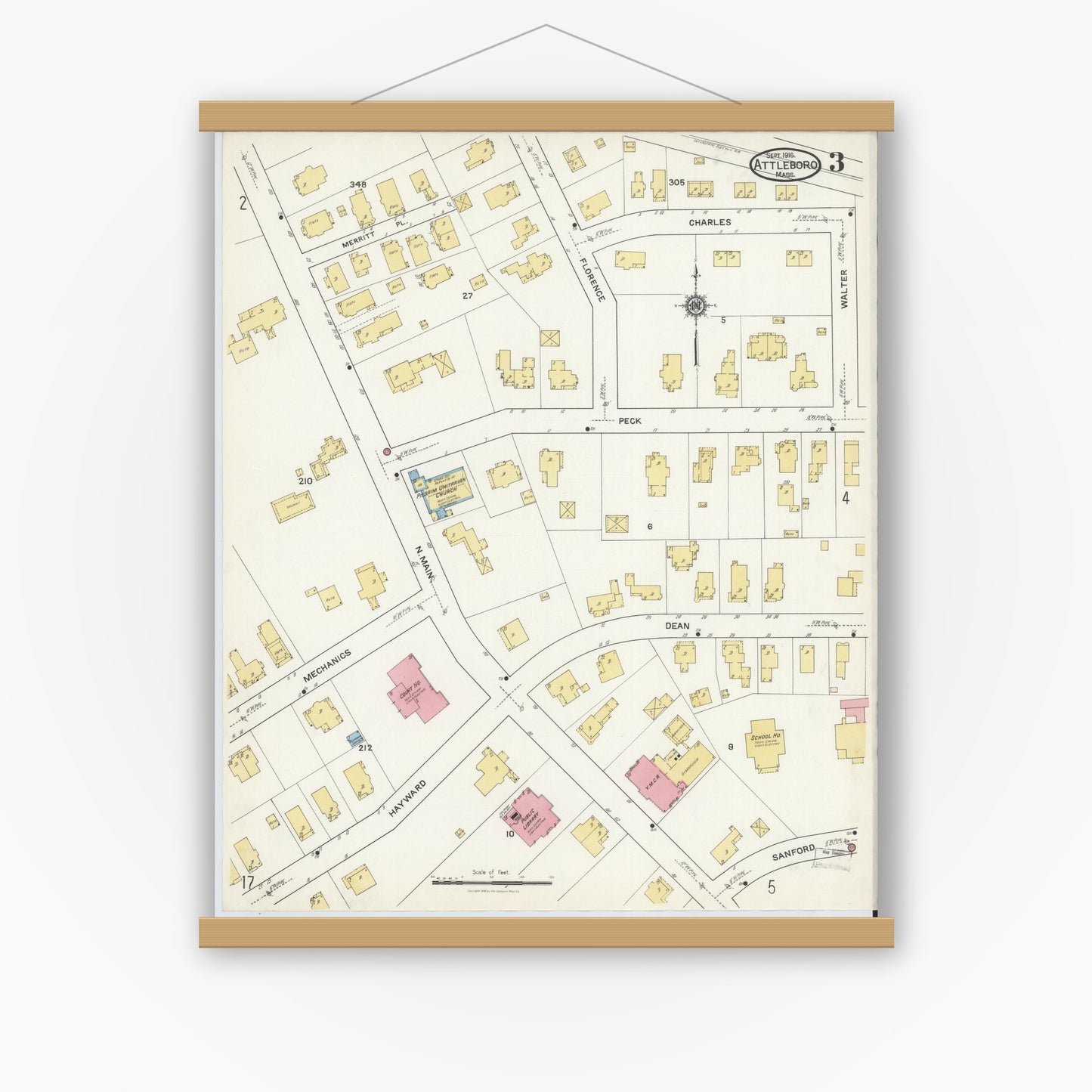 Old map wall art mockup — magnetic wood frame on white wall — Sanborn Fire Insurance Map from Attleboro, Bristol County, Massachusetts (1916), Sheet #0003