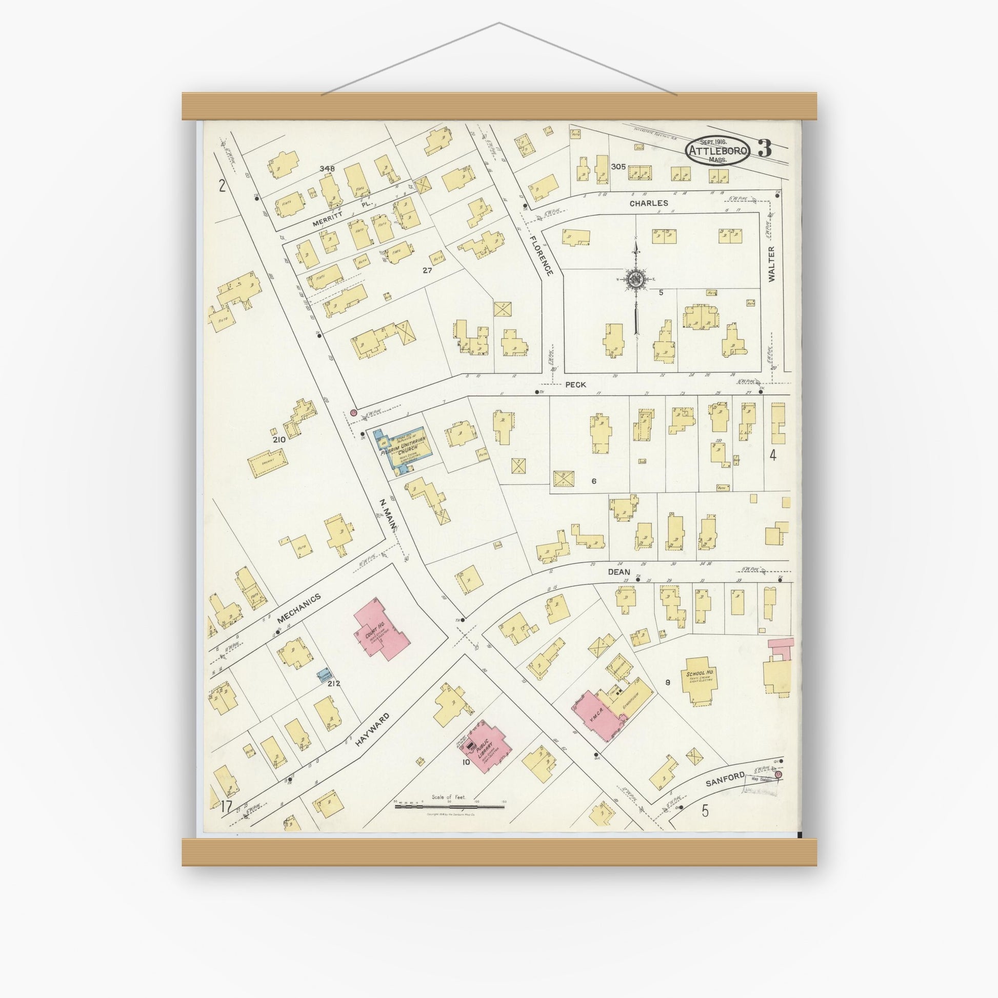 Old map wall art mockup — magnetic wood frame on white wall — Sanborn Fire Insurance Map from Attleboro, Bristol County, Massachusetts (1916), Sheet #0003