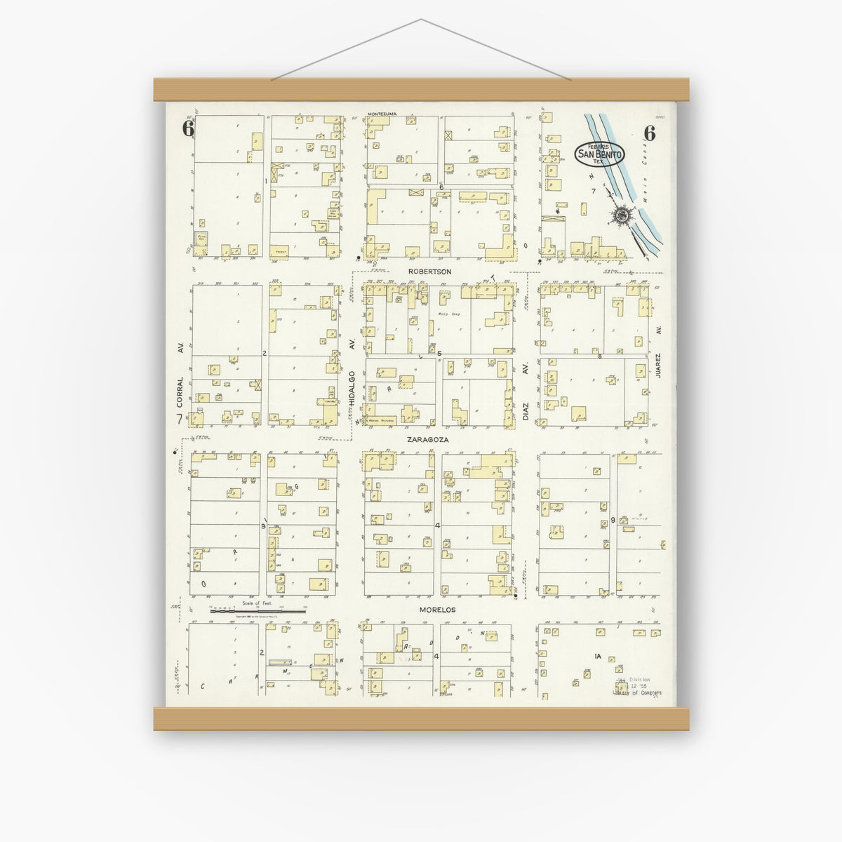 Old map wall art mockup — magnetic wood frame on white wall — Sanborn Fire Insurance Map from San Benito, Cameron County, Texas (1925), Sheet #0006