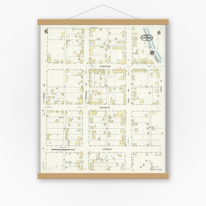 Old map wall art mockup — magnetic wood frame on white wall — Sanborn Fire Insurance Map from San Benito, Cameron County, Texas (1925), Sheet #0006