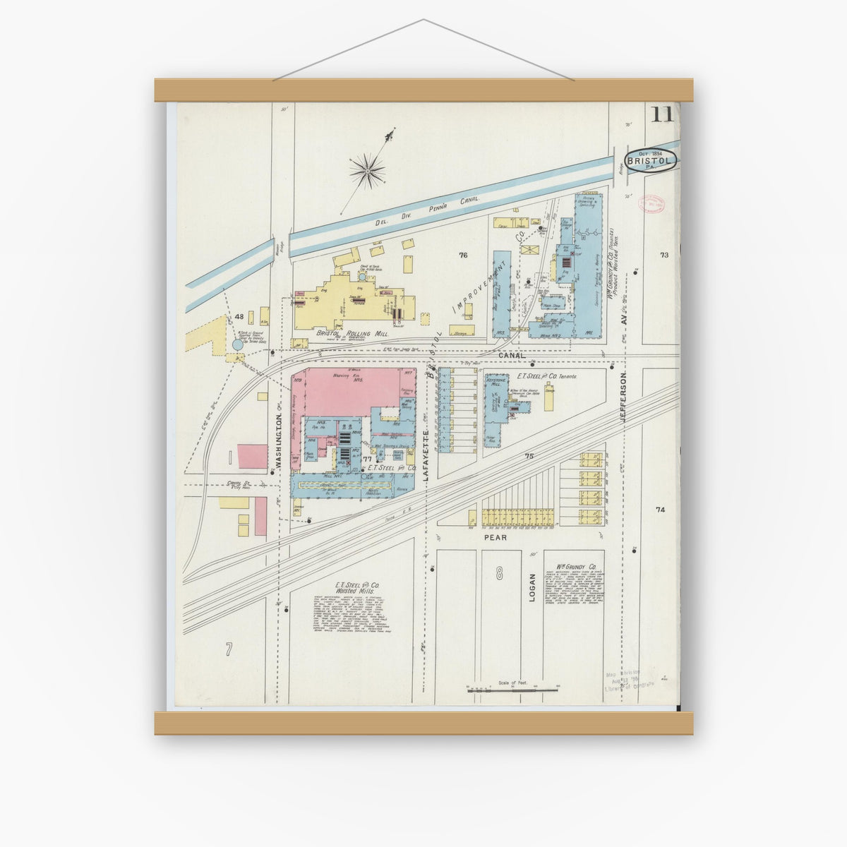 Old map wall art mockup — magnetic wood frame on white wall — Sanborn Fire Insurance Map from Bristol, Bucks County, Pennsylvania (1894), Sheet #0011