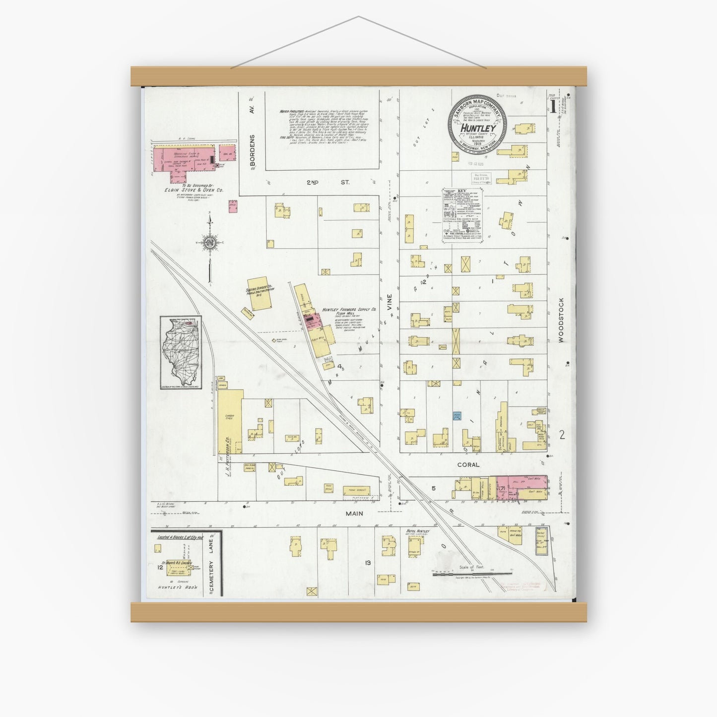 Old map wall art mockup — magnetic wood frame on white wall — Sanborn Fire Insurance Map from Huntley, McHenry County, Illinois (1919), Sheet #0001