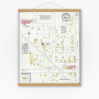 Old map wall art mockup — magnetic wood frame on white wall — Sanborn Fire Insurance Map from Huntley, McHenry County, Illinois (1919), Sheet #0001