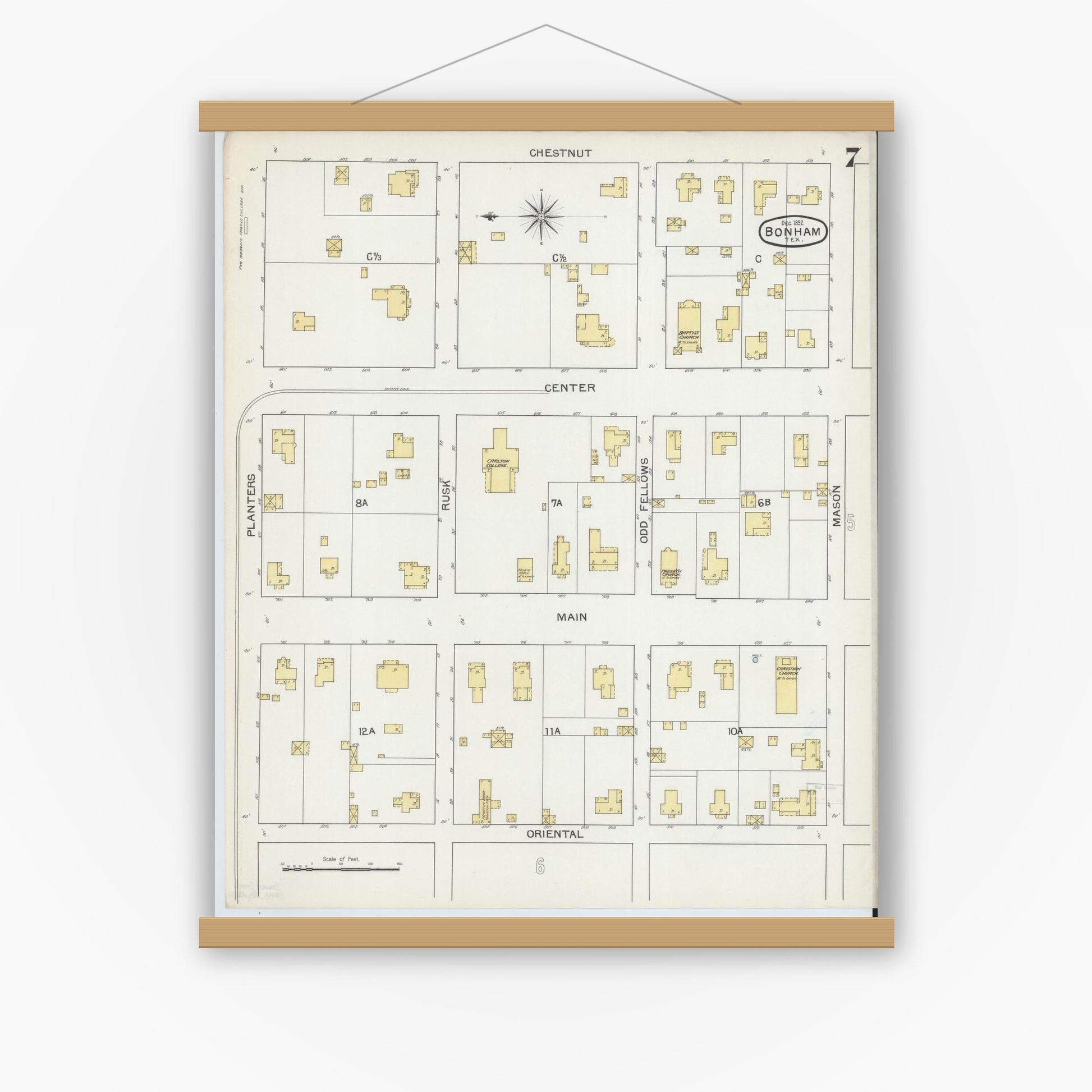 Old map wall art mockup — magnetic wood frame on white wall — Sanborn Fire Insurance Map from Bonham, Fannin County, Texas (1892), Sheet #0007