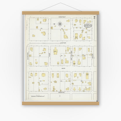 Old map wall art mockup — magnetic wood frame on white wall — Sanborn Fire Insurance Map from Bonham, Fannin County, Texas (1892), Sheet #0007