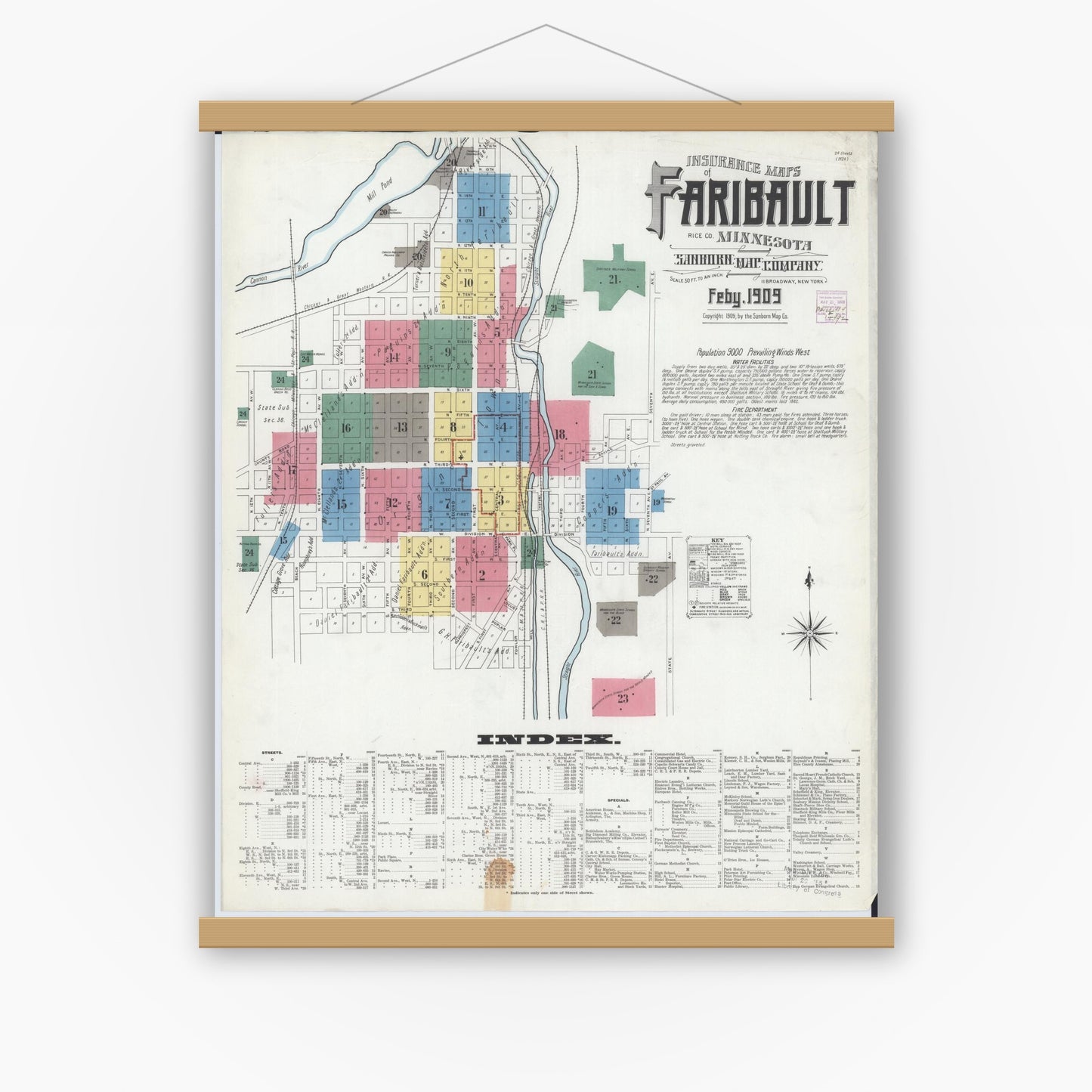 Old map wall art mockup — magnetic wood frame on white wall — Sanborn Fire Insurance Map from Faribault, Rice County, Minnesota (1909), Sheet #0001
